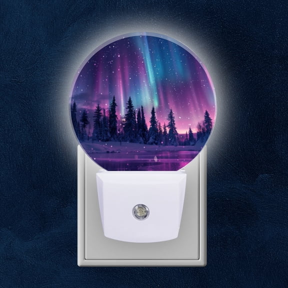 Round LED Night Lights Lamp with Dusk to Dawn Sensor, Beautiful Northern Lights Display Over The Snowy Forest Night Light Plug Into Wall for Kids Room, Bedroom, Bathroom, Kitchen, Hallway