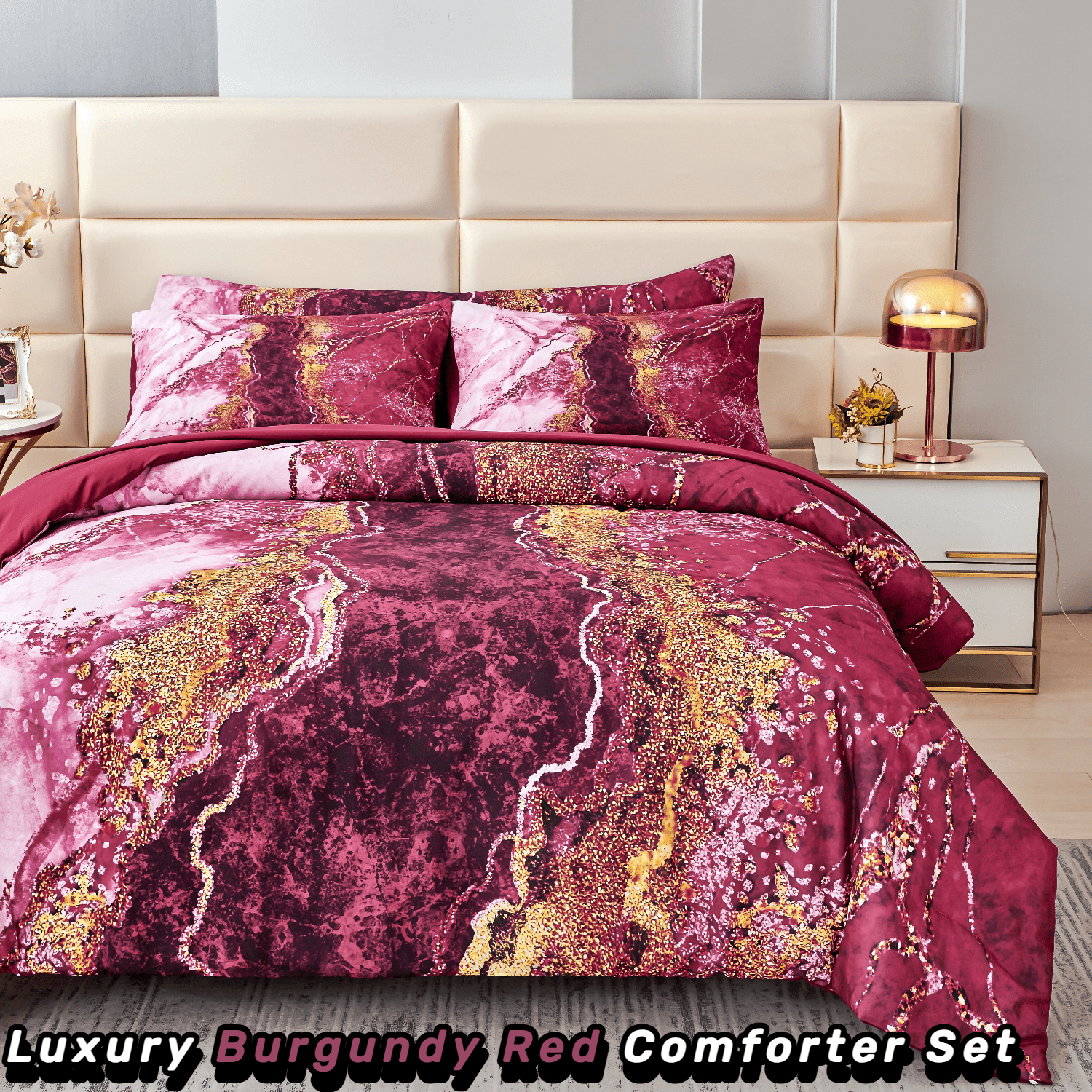 PERFEMET Burgundy Full Size Comforter Set for Women Men 6-Piece Marble Bed in a Bag Bedding Comforter Set for All Season