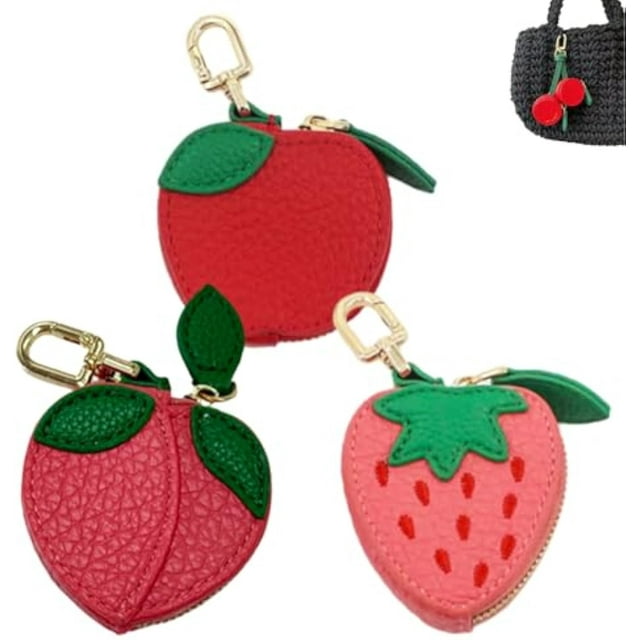 Mini Fruit Keychain Charms, Leather Fruit Purse Charm, Cute Mini Coin Purse Keychain, For Backpack Decoration(3pcs A)