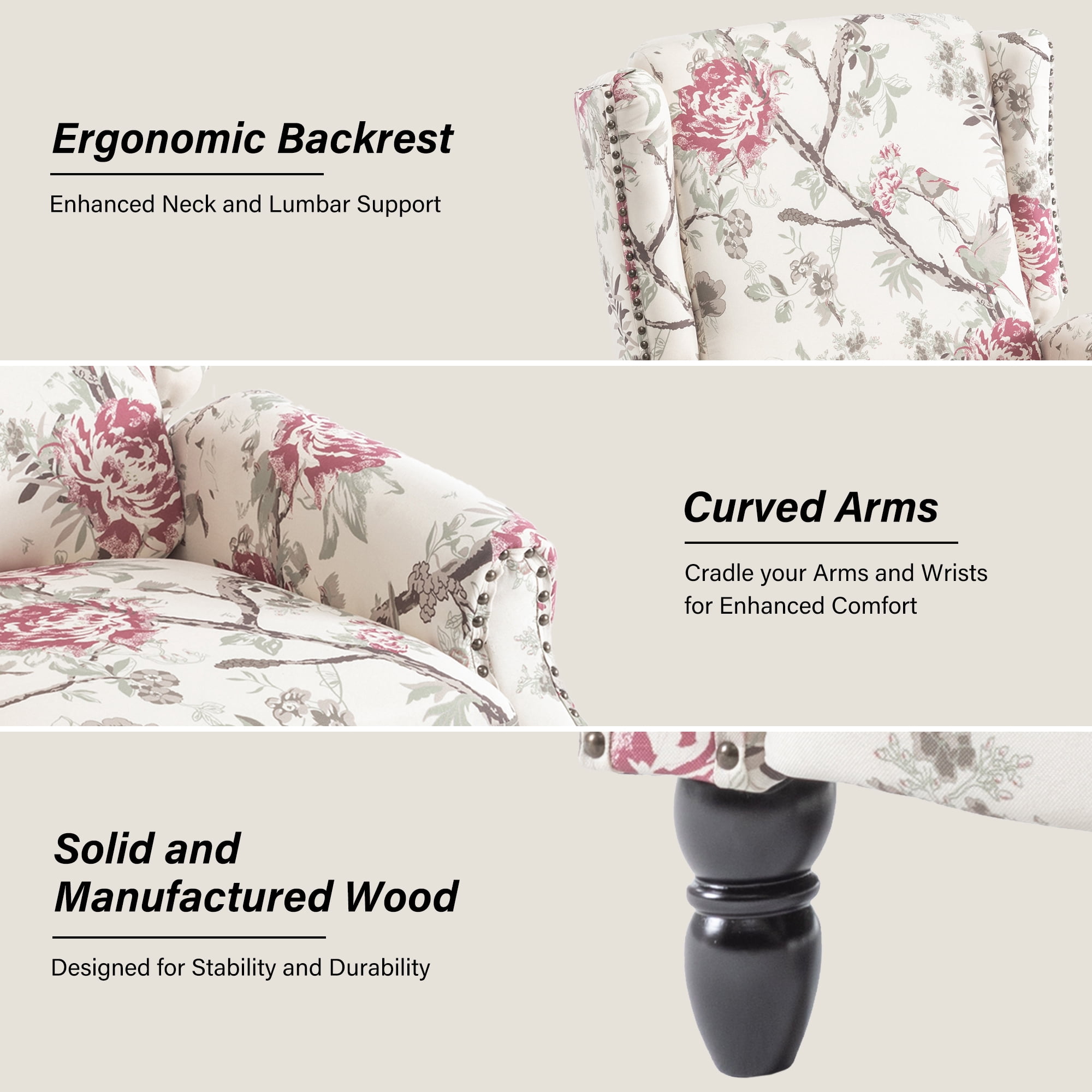 DREAMSIDEA Push Back Recliner Chair Set of 2 Living Room, Wingback Reclining Sofa Chair, Fabric Floral Recliner Reading Chair with Footrest for Living Room/Office/Apartment, Floral