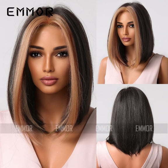 Cross-Border European and American Wig Middle Part Black Highlight Straight Bob Matte High-Temperature Fiber Full Wig