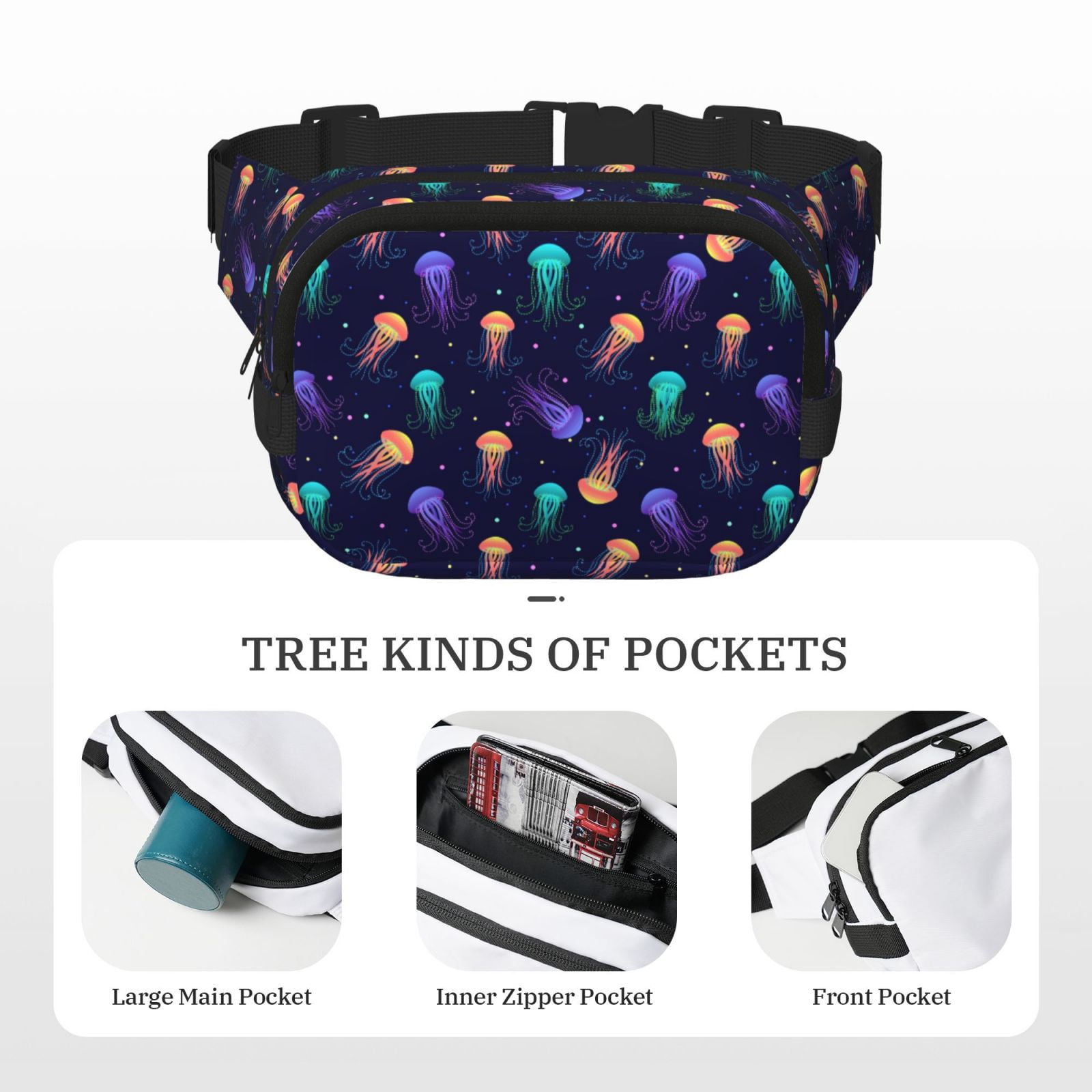 Hirioo Sea Jellyfish for Double Layer Waist Bag Adjustable Fanny Pack For Travel Running Hiking