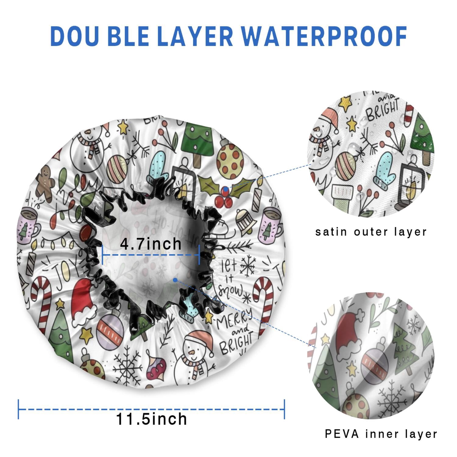 Shower Caps,Multicolor Christmas Pattern Waterproof Shower Cap for Women 4 Pieces,Double Reusable Hair Cover for Shower PEVA Elastic Stretch Hem