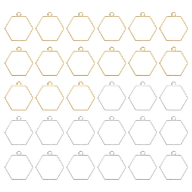 Uxcell 60pcs Open Bezels, Resin Bezels Pendants Open Back Bezels for Resin Jewelry Making, Hexagon, Silver Gold