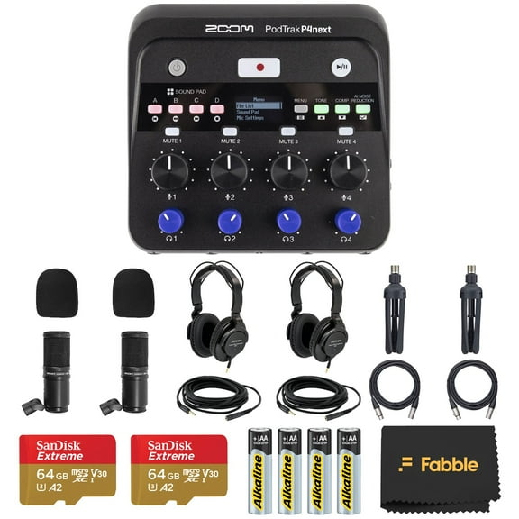 Zoom PodTrak P4next Podcast Recorder Bundle with 2x Zoom ZDM-1 Podcast Microphone Packs, Including Headphones, Windscreens, XLR Cables, 2× 64GB microSDXC Memory Cards, and 4× AA Batteries & White Cha