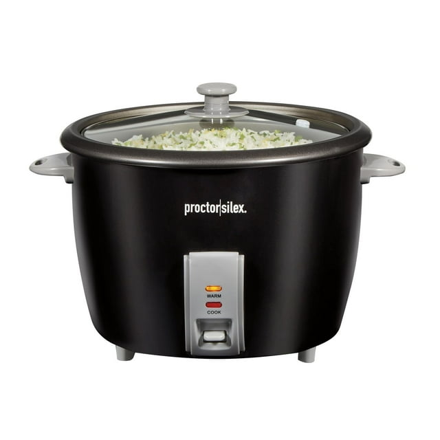 Proctor Silex extra-large capacity black rice cooker and steamer with glass lid, filled with cooked white rice.
