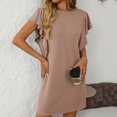 thumbnail image 5 of Busydd Womens Dresses Solid Color Short Sleeve Spring Dresses Round Neck Ruffle Summer Dress Casual Ribbed Sun Dress, 5 of 6