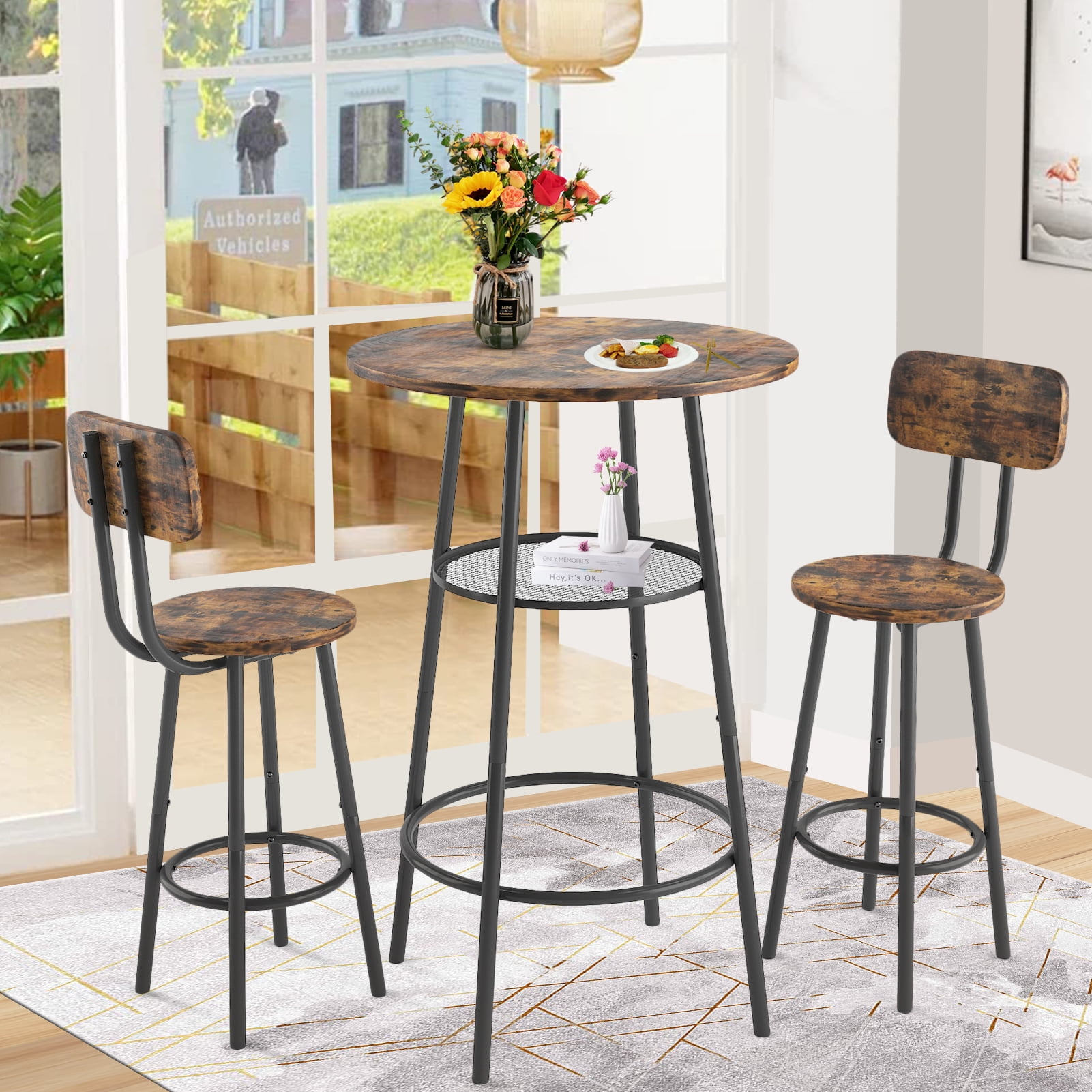 SESSLIFE 3Piece Round Bar Table Set for 2, Wood Tabletop and Chairs