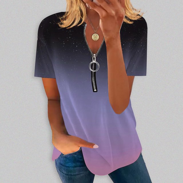 Hauts d'Été pour Femmes Grande Taille Mode Femme Ample Confortable Col en V à Fermeture Éclair Imprimé Manches Courtes Haut Blouse T-Shirt Col en V Femme en Liquidation