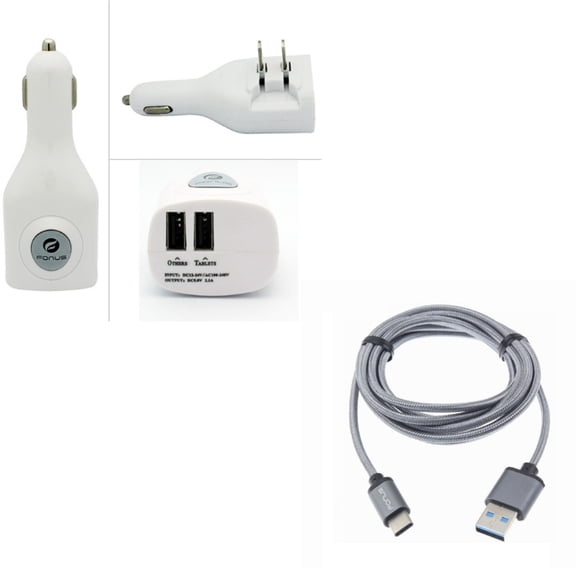 Type-C 10ft USB Cable w 2-Port USB Car Home Charger R2Z for Blackberry KEYone, Key2 LE - BLU G9, Vivo XI Plus 5 - CAT S48c S61 - Coolpad Legacy - Essential Phone (PH-1) - Google Pixel XL 3a XL