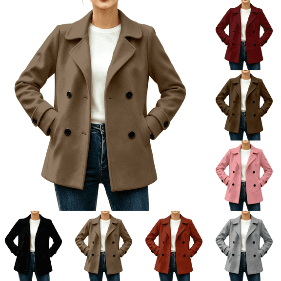 Hulanddfd Womens coat Elegant Coats Notched Lapel Double Breasted Short Pea Coat