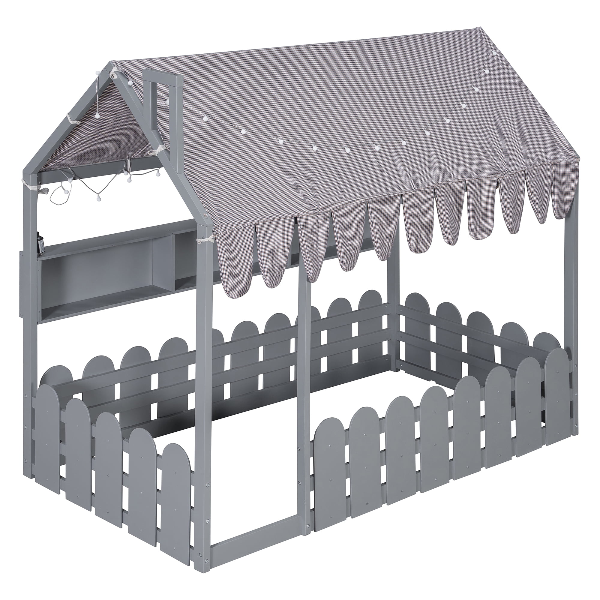 Aukfa Twin House Bed with Fence and Tent for Kids, Wooden Montessori Bed with LED Lights & Storage Shelves for Toddler Boys and Girls Bedroom, Gray