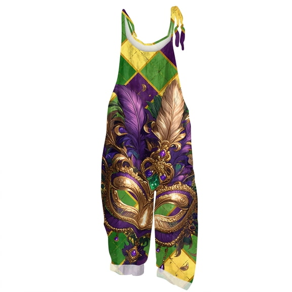 Dresfit Women's Mardi Gras Romper Adjustable Strap Wide Leg Jumpsuit 2026 Patchwork Sleeveless Carnival Overalls Plus Size Loose Loungewear Gold 2XL