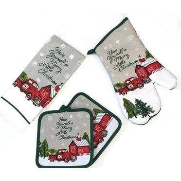 Have Yourself a Merry Little Christmas Red Truck Barn Kitchen Oven Mitt, Towel, and Pot Holder Set - 4 Piece!