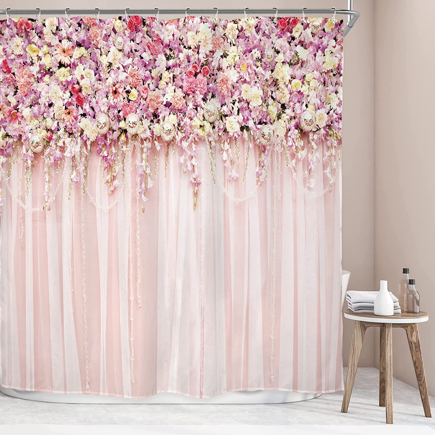 UOWRPOZ Bridal Floral Pink Rose Polyester Shower Curtain, 72"x72" Waterproof 12 Count