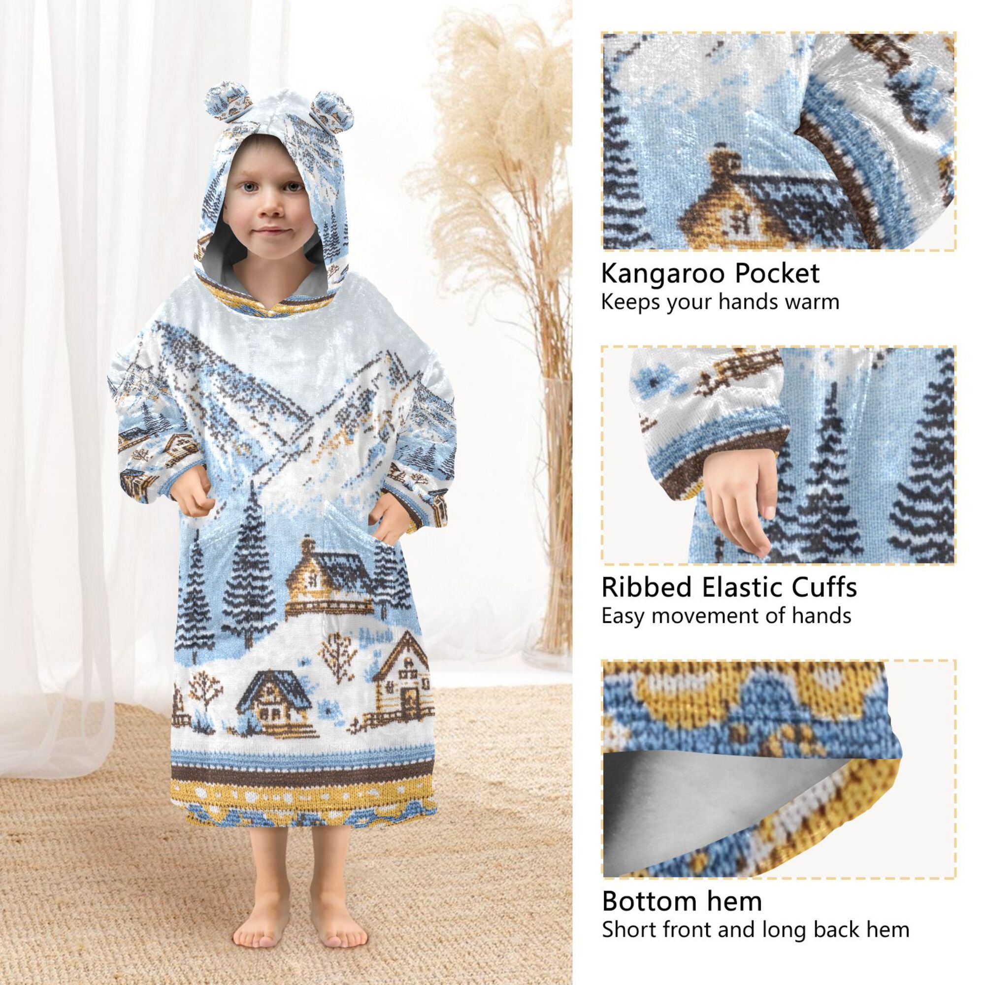 FORMRS Wearable Blanket Hoodie with Sleeves for Kids Cozy Flannel Sweatshirt, Winter Village