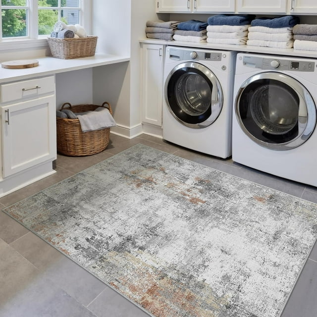 x Washable Area Rug for Living Room Bedroom Cream Neutral Carpet Low Pile Soft Thin Tapis Salon Abstract Modern Vacuumable Lightweight Large Throw Rug for Dining Room Kitchen