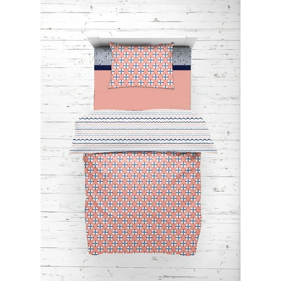 Bacati - Olivia Tribal Coral/Navy 4-Piece Toddler Bedding Set 100% Cotton percale fabrics