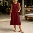 thumbnail image 5 of Eawtki Women's Crew Neck Sleeveless Midi Linen Dress Dual Layer Hem Hidden Side Pockets Straight Loose Fit Minimalist Casual Everyday Swing Dress, 5 of 7