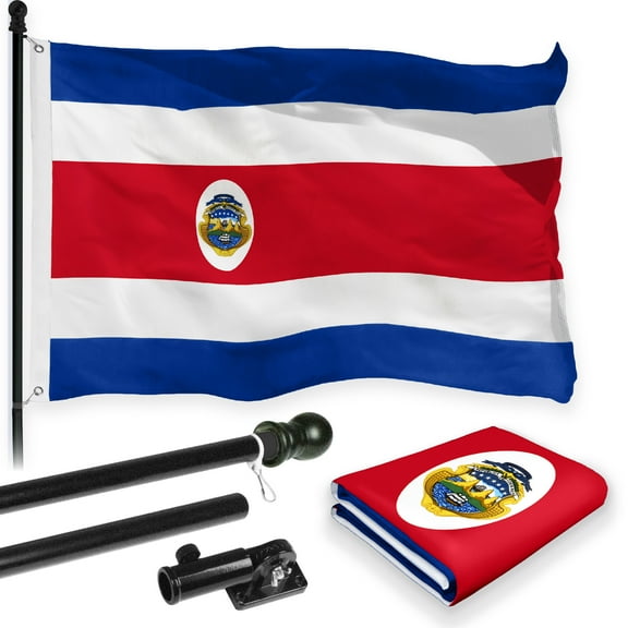 G128 Combo Pack: 6 Feet Tangle Free Spinning Flagpole (Black) Costa Rica Costa Rican Flag 3x5 ft Printed 150D Brass Grommets (Flag Included) Aluminum Flag Pole