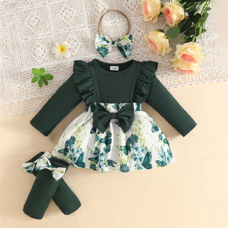 dark green infant dress Ulanda Newborn Baby Girl Spring Outfits Ribbed Romper Ruffle Long Sleeve Clothes Jumpsuit with Bow Headband (Dark Green, 6-9 Months) custom_Sherri Hill Spring 2025 Collection Apiece Apart Hanly Fine Color:Aqua/White Floral It will make her Emerald green flower girl dress