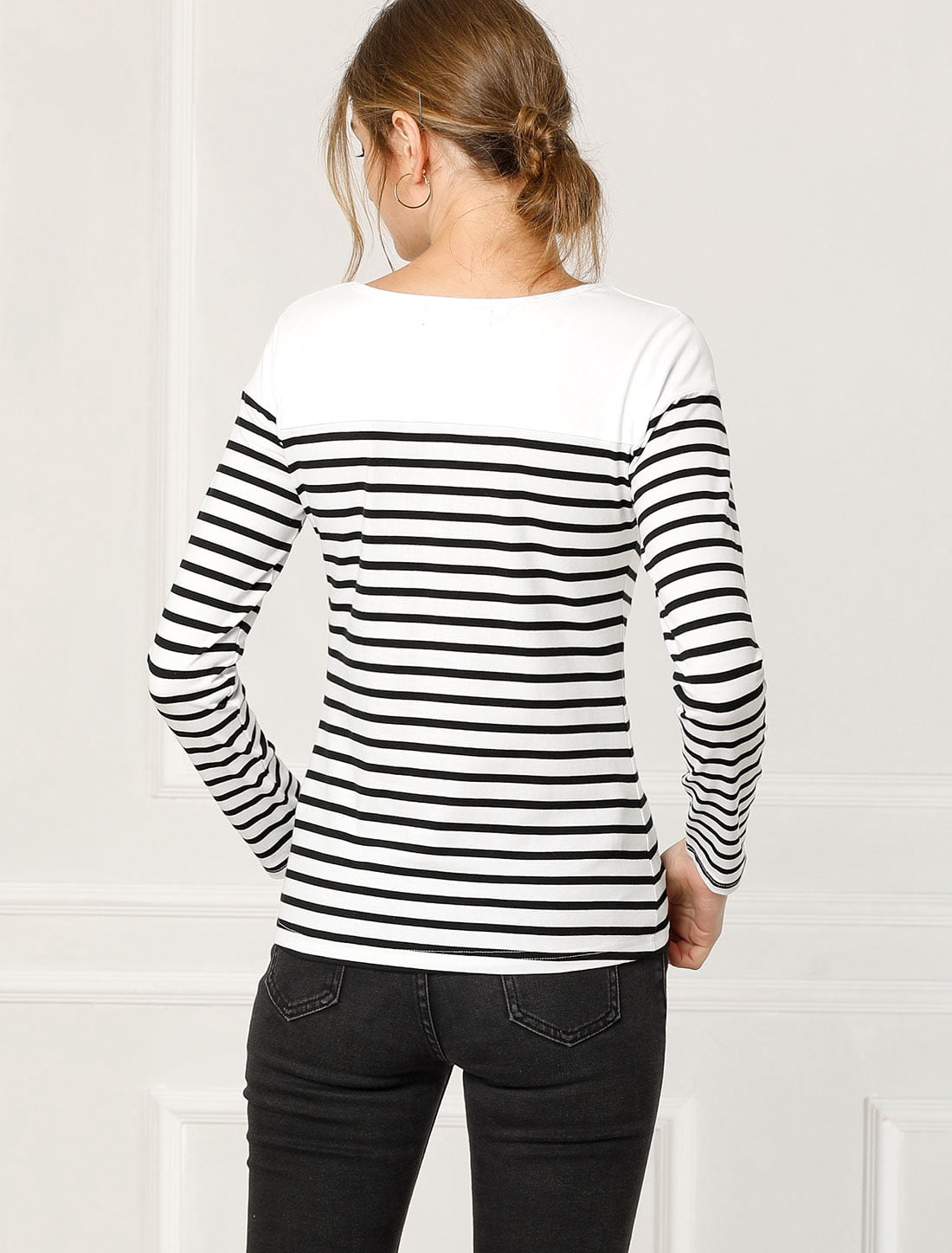 DARING DIVA Women's Color Block Striped Knit Top Long Sleeves T-Shirt 2XL Black-White