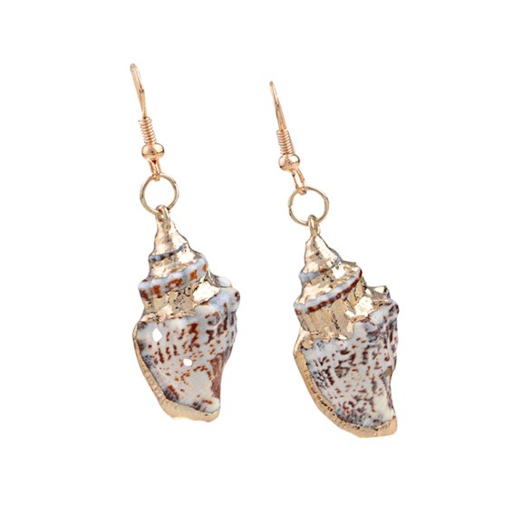 Golden Color Life Like Smooth Conch Seashell Antique Influenced Element Earrings
