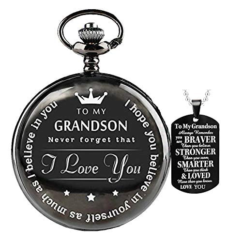 to My-Grandson-Pocket-Watch-Gifts from Grandpa Grandma Christmas Gifts for Him Birthday for Grandson, Graduation Gifts for Men Engraved Pocket Watch with Box for Men with Grandson Necklace