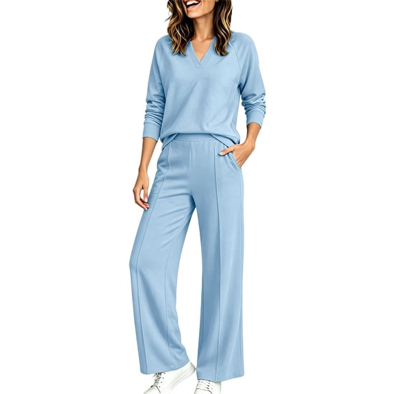 Women's 2 Piece V Neck Lounge Set Matching Sweatsuits | Organic Cotton Lounge Sets for Women , Airport Travel Outfits, Comfy Athleisure Fall Winter Clothes ,wide Leg Palazzo Pants