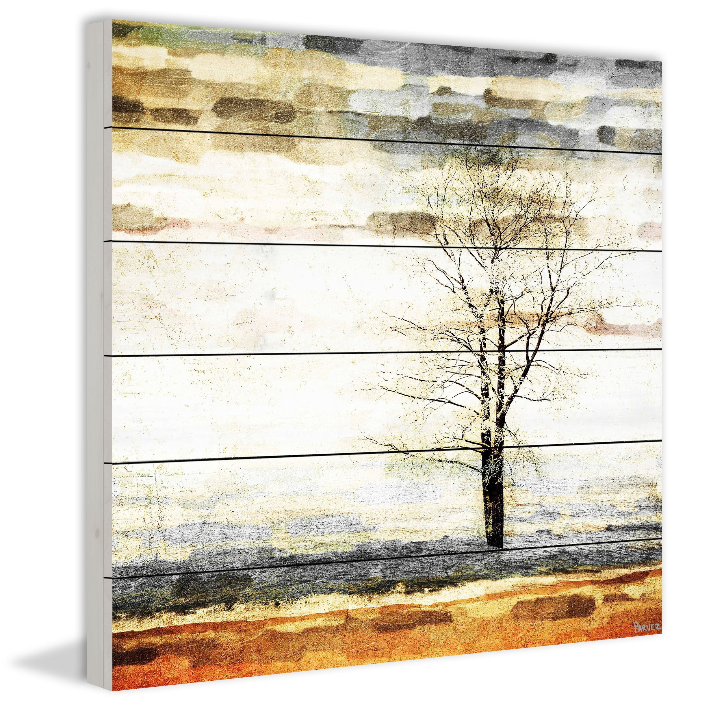 Parvez Taj  - Lone Tree Painting Print on White Wood 32 x 32