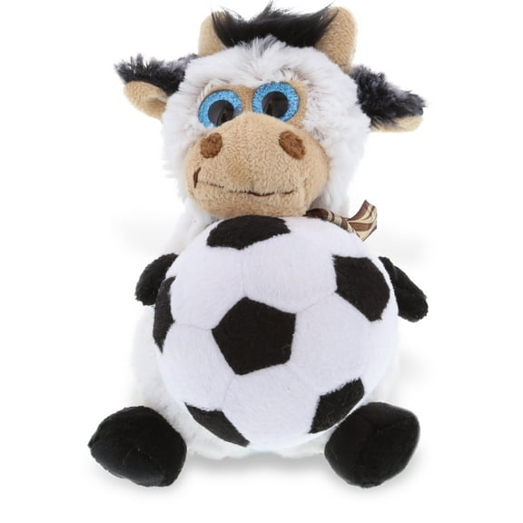 DolliBu Cow Stuffed Animal with Soccer Ball Plush - Soft Plush Huggable Sitting Cow, Adorable Playtime Cow Plush Toy, Cute Farm Life Gift, Soccer Plush Animal Toy for Kids and Adults - 7 Inch