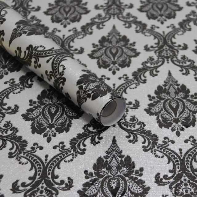 Papel tapiz Micpolo 45x300 cm negro y plateado con diseño damasco de vinilo