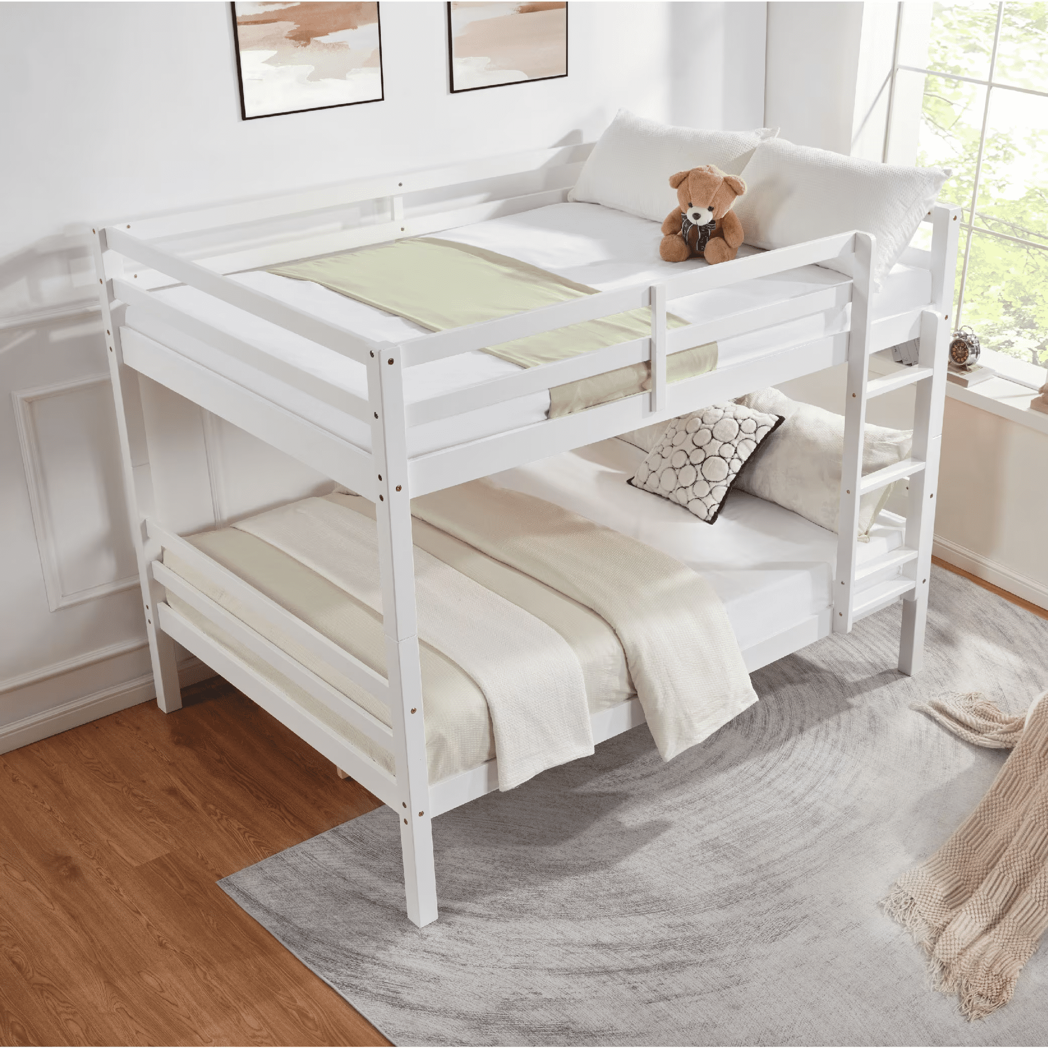 MAYEERTY Full over Full Bunk Bed with Thick Posts, Wooden Bed Frame with High Guardrail and Ladder for Teens, No Box Spring Needed, White