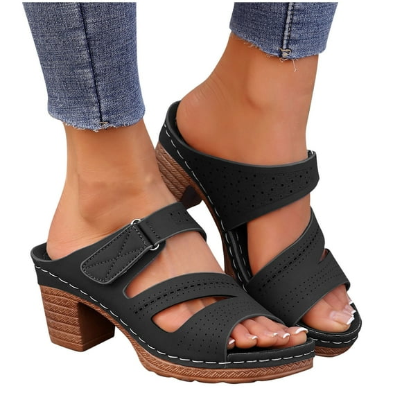 Heeled Sandals for Women Slide Block Chunky Heel Buckle Straps Hollow out Breathable Beach Summer Slide Sandals Black