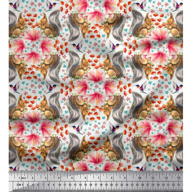 Soimoi Cotton Cambric Fabric Floral,Hummingbird & Squirrel Animal Printed Fabric 1 Yard 56 Inch Wide