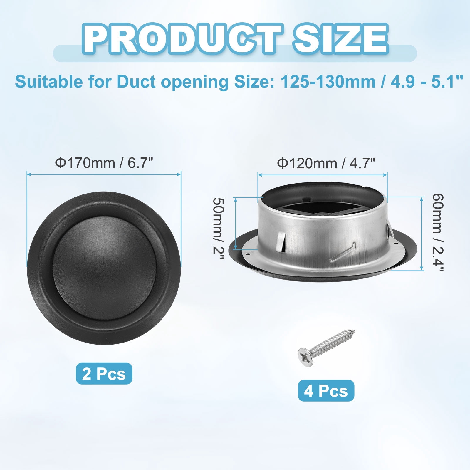 Uxcell 2Set 5 Inch Round Ceiling Diffuser, 304 Stainless Steel Adjustable Wall Air Vent Diffuser Vent Duct Cover Exhaust Supply for Kitchen Bathroom Garage, Black