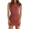 thumbnail image 1 of IROINNID Sleeveless Round Neckline Dress For Women Ribbing Knitting Drawstring Buttocks Casual Dress Solid Color Short Sheath Dress, 1 of 4