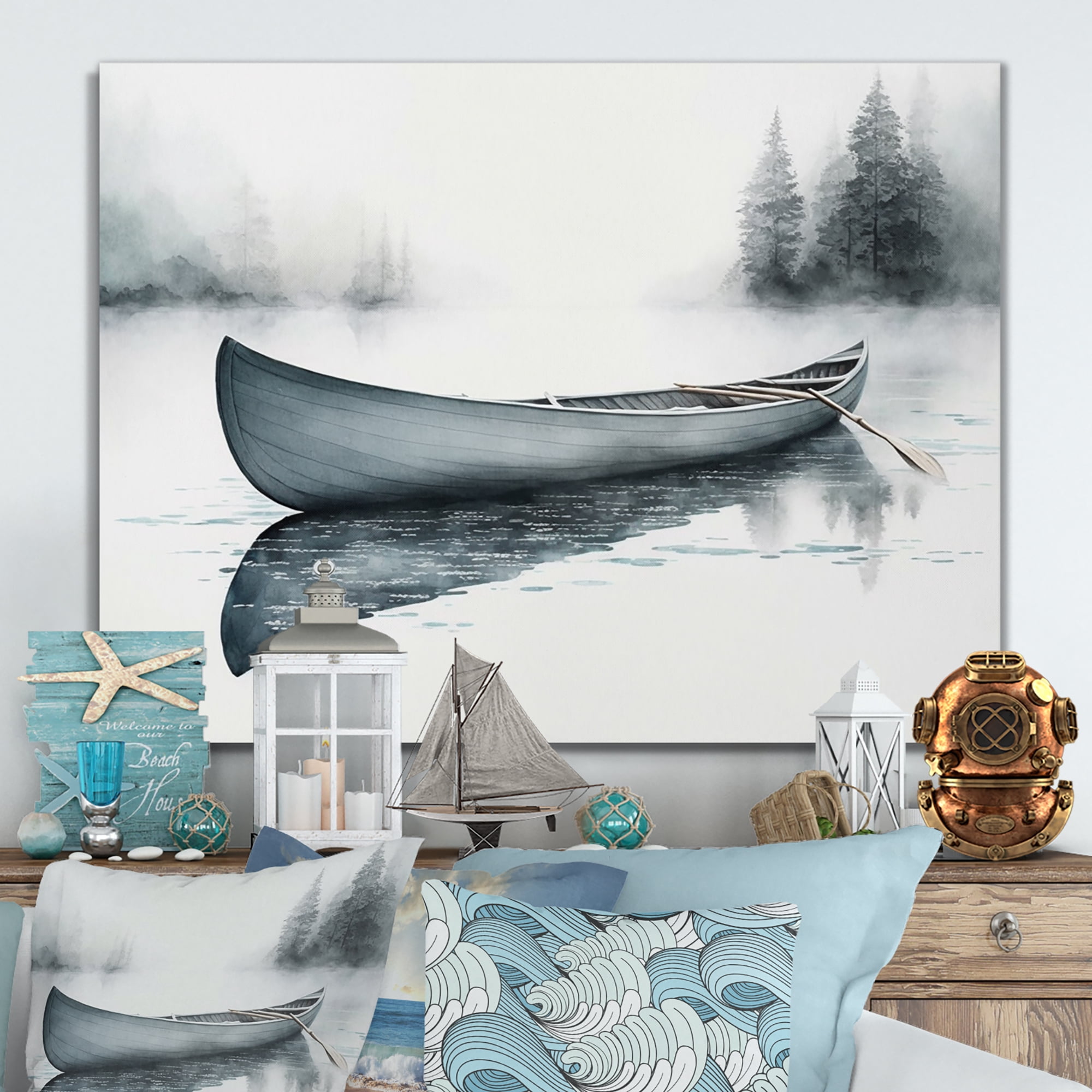 Designart Canoe On The Lake II Canvas Wall Art