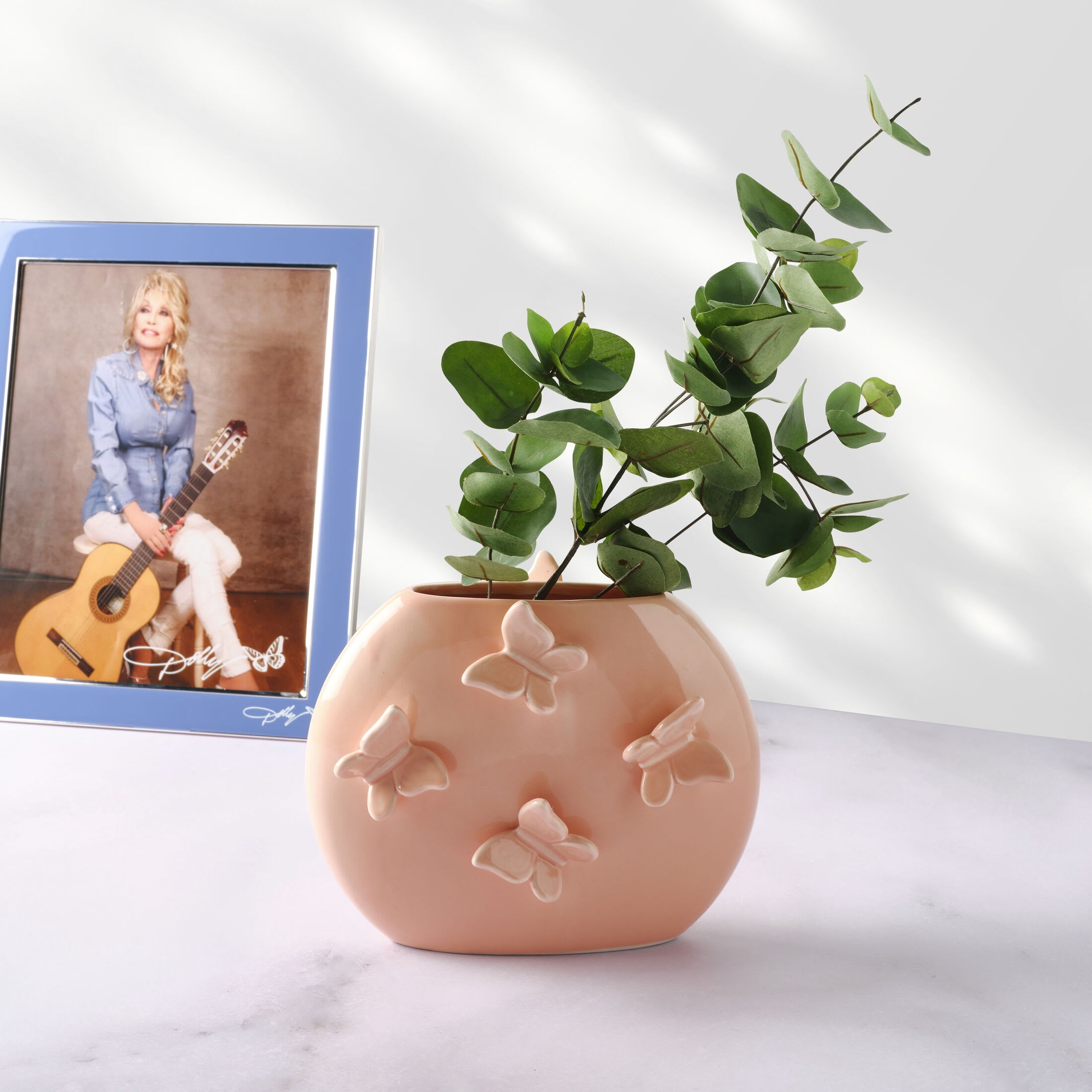Dolly Parton 6.75 in Pink Butterfly Ceramic Oval Vase