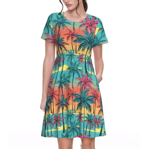Disketp Hawaii Palms para Vestido de Manga Corta para Mujeres, Vestidos de Verano para Mujeres, Casual y Holgado para la Playa