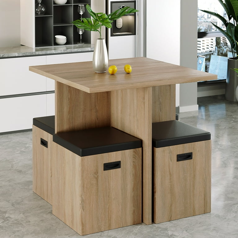 Kitchen Table and Chairs for 4 Modern Small Dining Table with Storage Ottoman Beige Faux Wood Table and 4 Ottomans Saving Space Dining Room Table