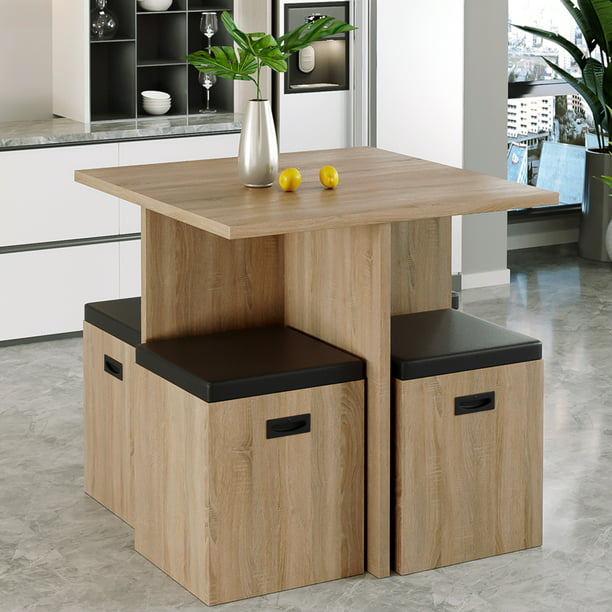 Storage Ottoman Beige Faux Wood Table, Kitchen Tables With Storage Space