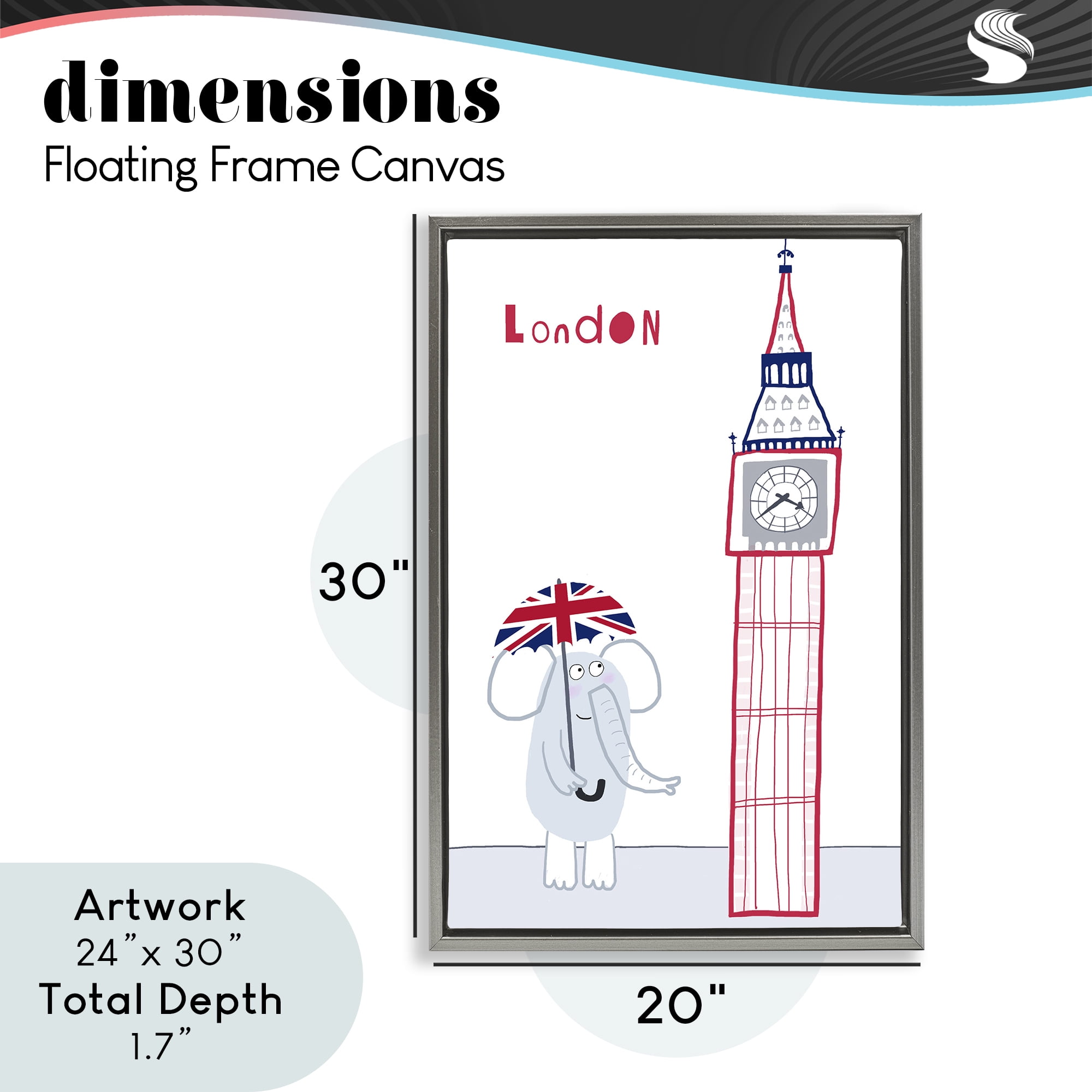 Elephant & Big Ben London Gray Framed Floater Canvas Wall Art, design by Carla Daly