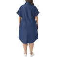 thumbnail image 5 of Agnes Orinda Women's Plus Size Jean Denim Dress Lapel Short Sleeve Button Down Curved Hem Casual A Line Midi Dresses with Pockets 1X Dark Blue, 5 of 9