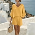 thumbnail image 6 of Abomasnow Women's Two Piece Sets Batwing Long Sleeve V-Neck Shirts Elastic High Waist Drawstring Short Pants Casual Summer Beach Vacation Lounge Sets with Pockets, 6 of 8