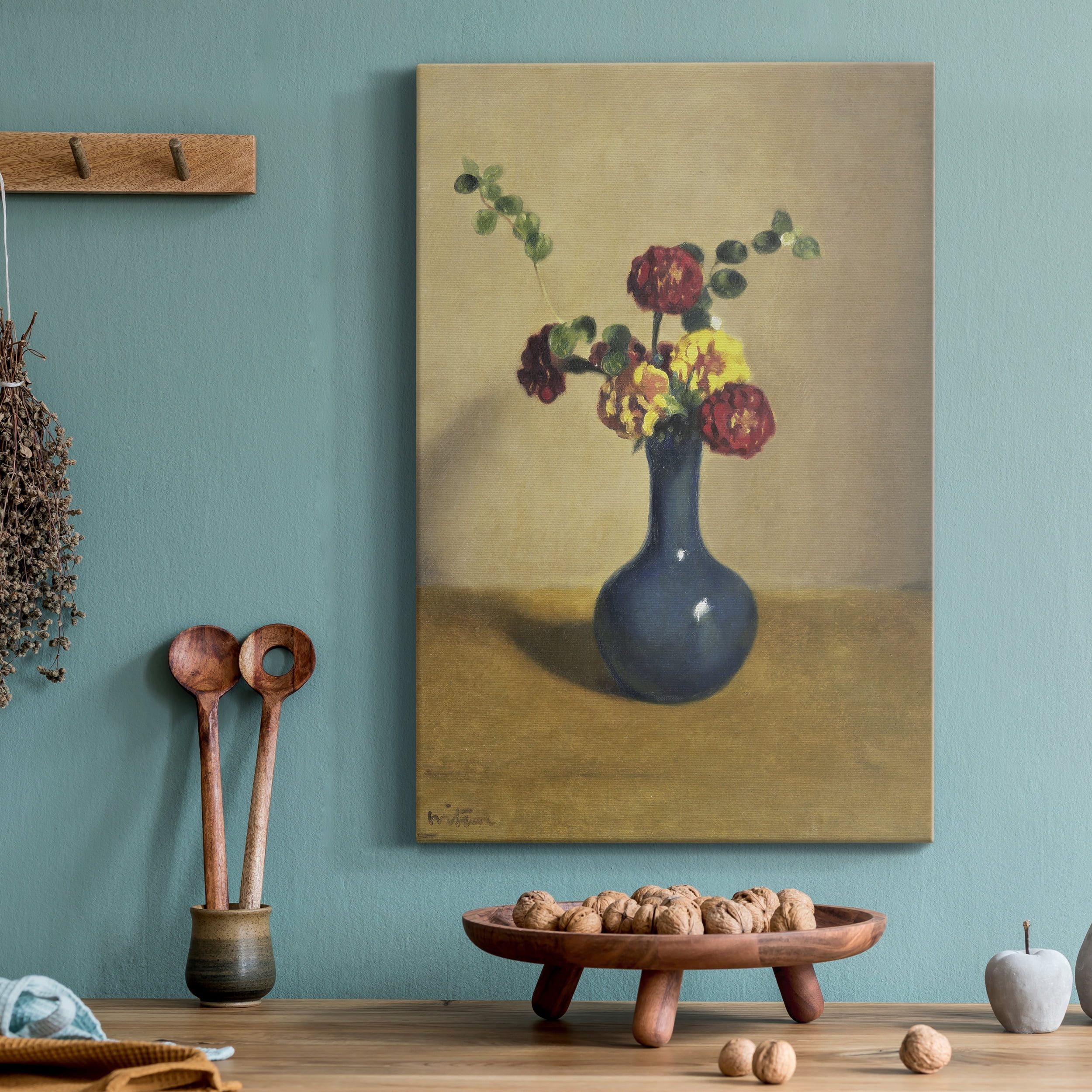 Afrikaantjes in een blauw vaasje Premium Gallery Wrapped Canvas - Ready to Hang - 24 x 36