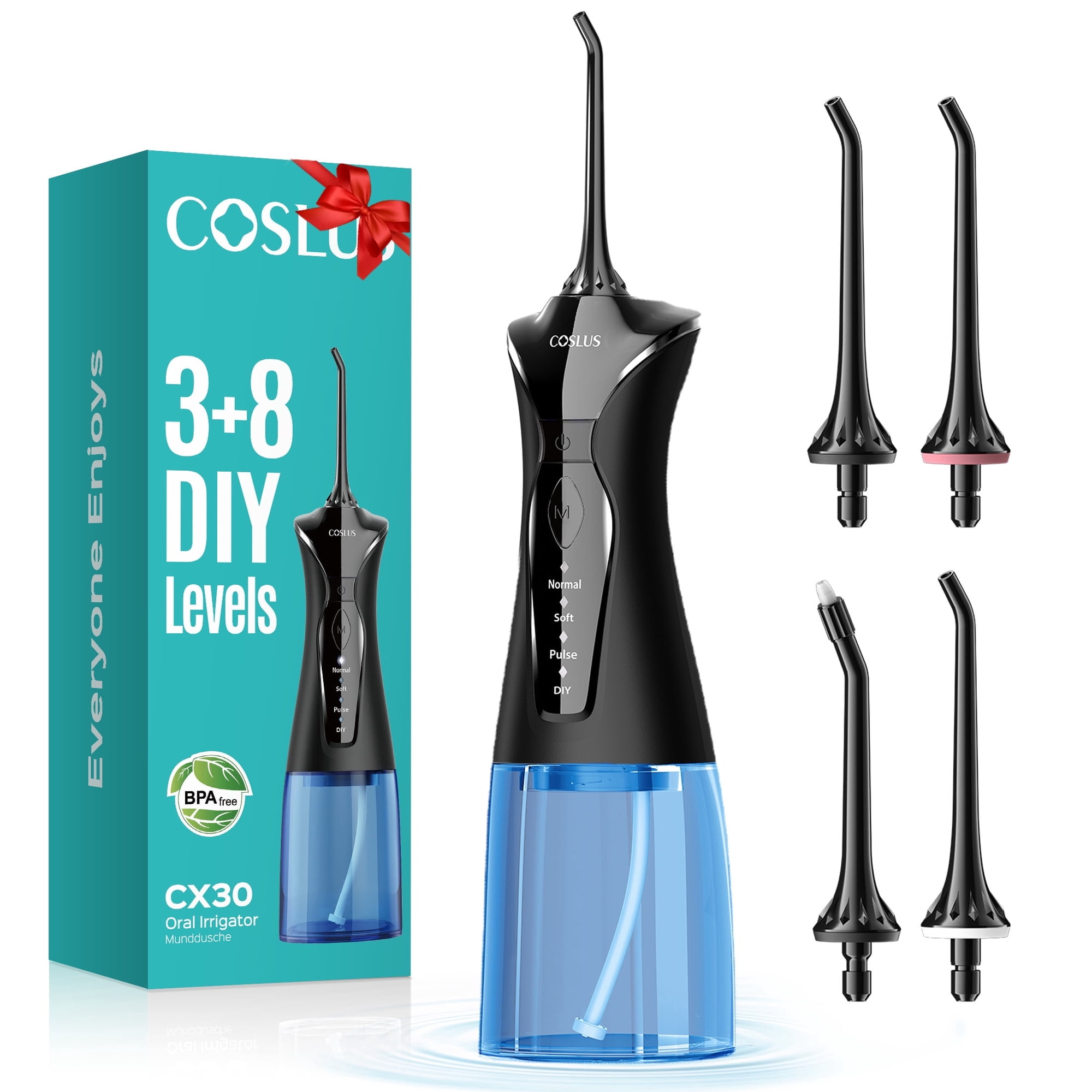COSLUS CX30 Water Dental Flosser Pick for Teeth,DIY Mode,300ML,IPX7 Waterproof,Portable,Rechargeable,for Home Travel-Black