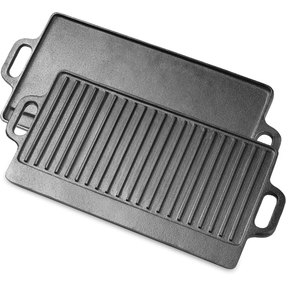 Visualz 2-in-1 Reversible 19.5” x 9” Cast Iron Griddle with Handles, Preseasoned & Non-Stick for Gas Stovetop, Oven and Open Fire.