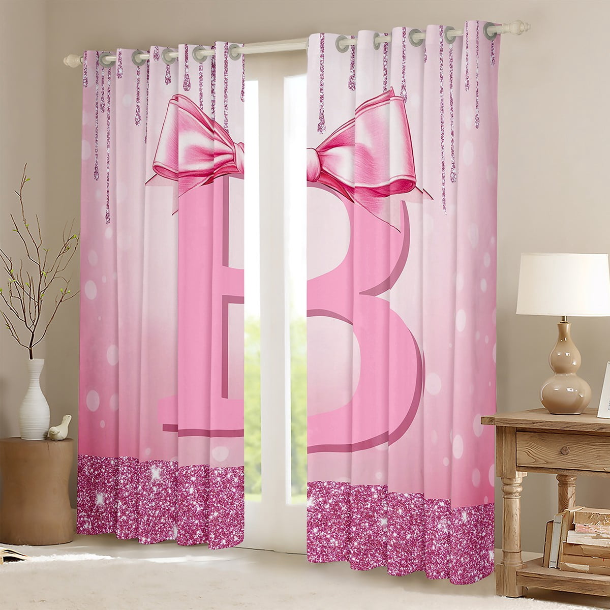 jejeloiu Initial Letter B Curtains Pack of 2 (42x84 Each),Kawaii Bowknot Curtains Blackout,Pink Sequin Print Bedroom Curtains For Girls,Breathable Bedroom Decoration