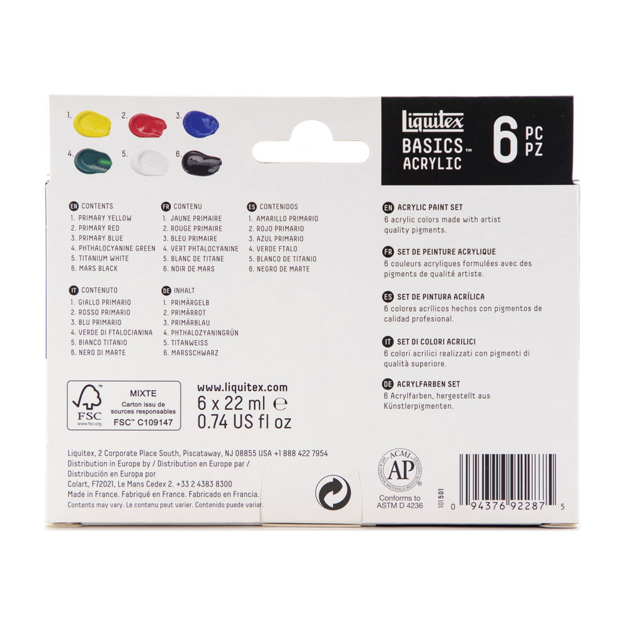 Liquitex BASICS Acrylic Paint 22ml/Tube, 6-Piece Set